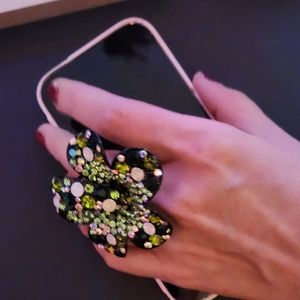 Green Flower Ring with Rhinestones S. 7-11